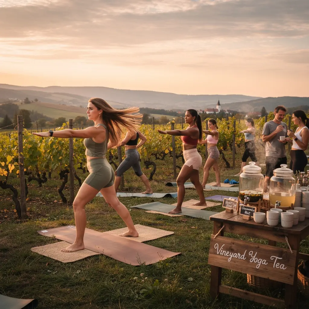 Zelené lúky a horské panorámy s čajovou záhradou v pozadí.