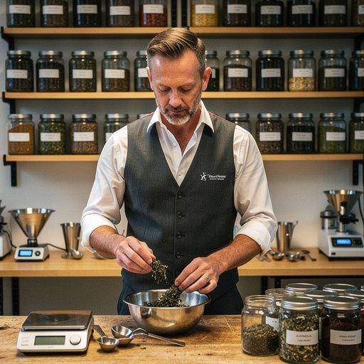 Hromada sušených bylín a kvetov pripravených na zmes relaxačného čaju v slnečnom prostredí.